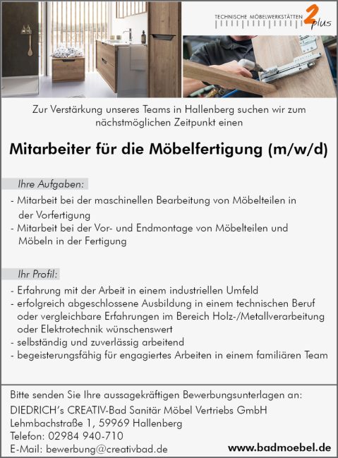 Anzeige: Mitarbeiter für Möbelfertigung