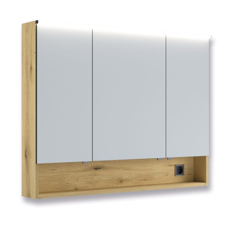 Spiegelschrankmodul mit offenem Fach und LED-Leuchtprofil