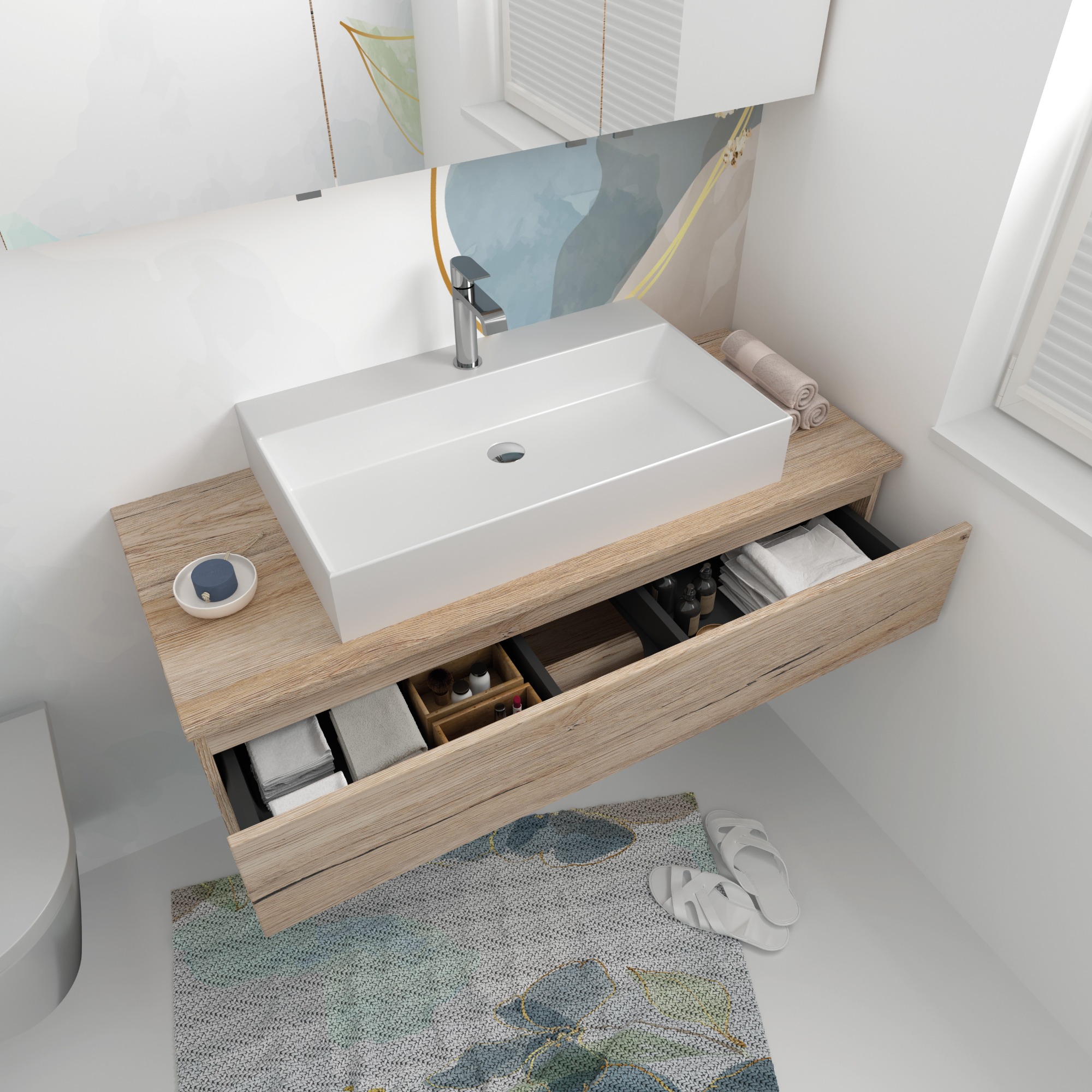 Aufsatzwaschtisch 75 cm bei einer Möbelbreite von 120 cm Aufsatzwaschtisch 75 cm bei einer Möbelbreite von 120 cm